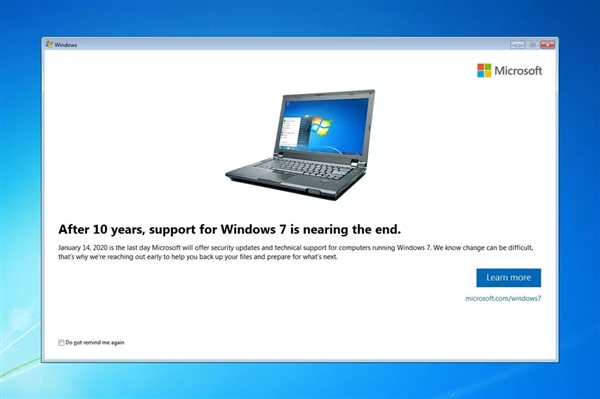 微软为Windows 7用户弹窗：提醒大家“Win7已死”