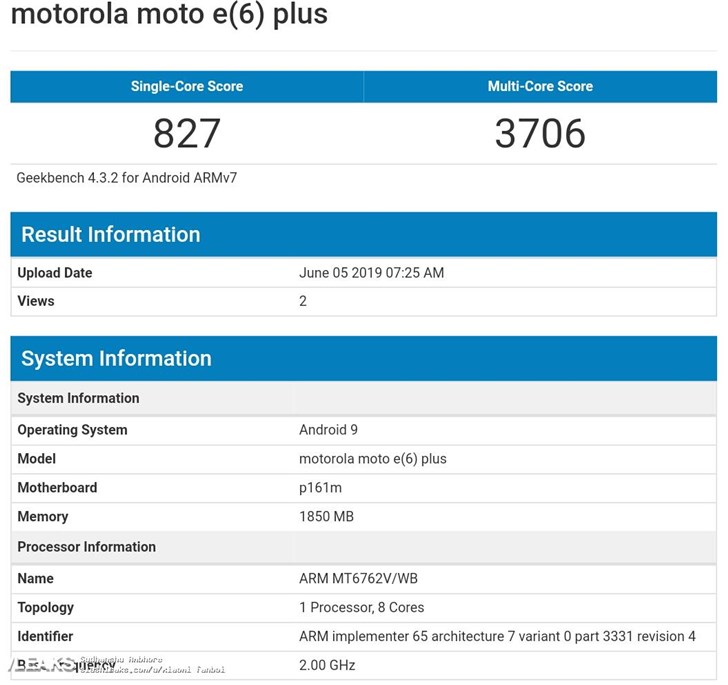 摩托罗拉Moto e6 plus跑分曝光：单核827 多核3706