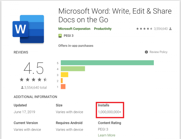 Microsoft Word Android版安装量突破10亿次