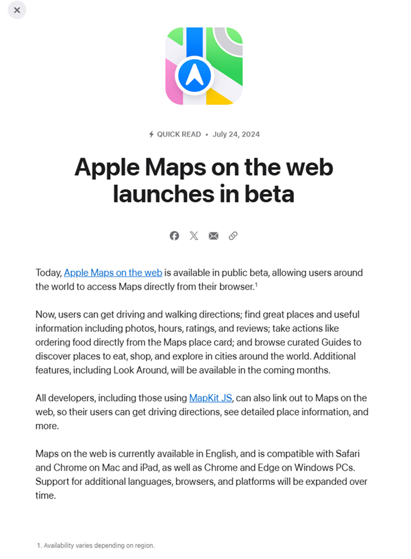 苹果推出Apple Maps网页版地图：兼容Win PC Chrome、Edge浏览器