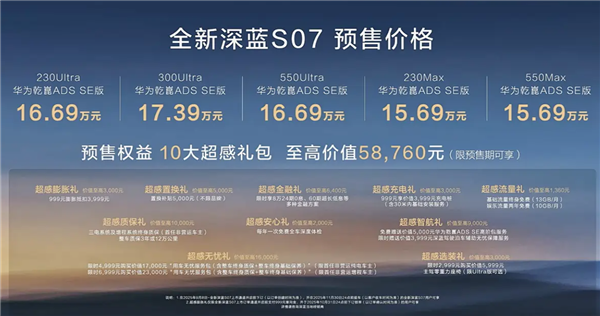 标配华为乾崑智驾ADS 4 SE！全新深蓝S07预售：15.69万起