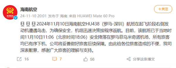 海航航班突遭鸟击:发动机多次冒出火光 惊心动魄