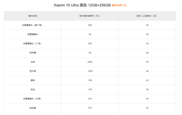 小米15 Ultra备件保外维修价格出炉:换主板最高3540元